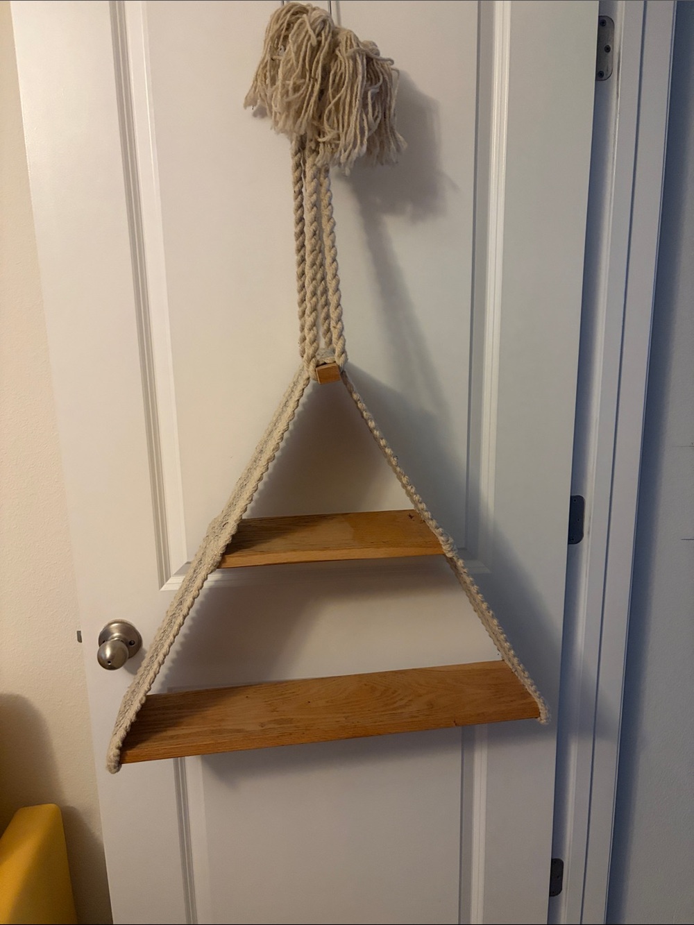 Boho cloth Cream and Blue Rope Triangle Wall Shelf with Wood Shelves